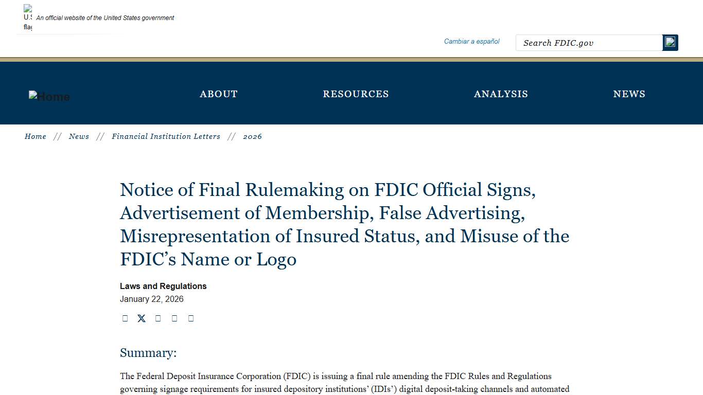 Notice of Final Rulemaking on FDIC Official Signs, Advertisement of Membership, False Advertising, Misrepresentation of Insured Status, and Misuse of the FDIC’s Name or Logo FDIC.gov
